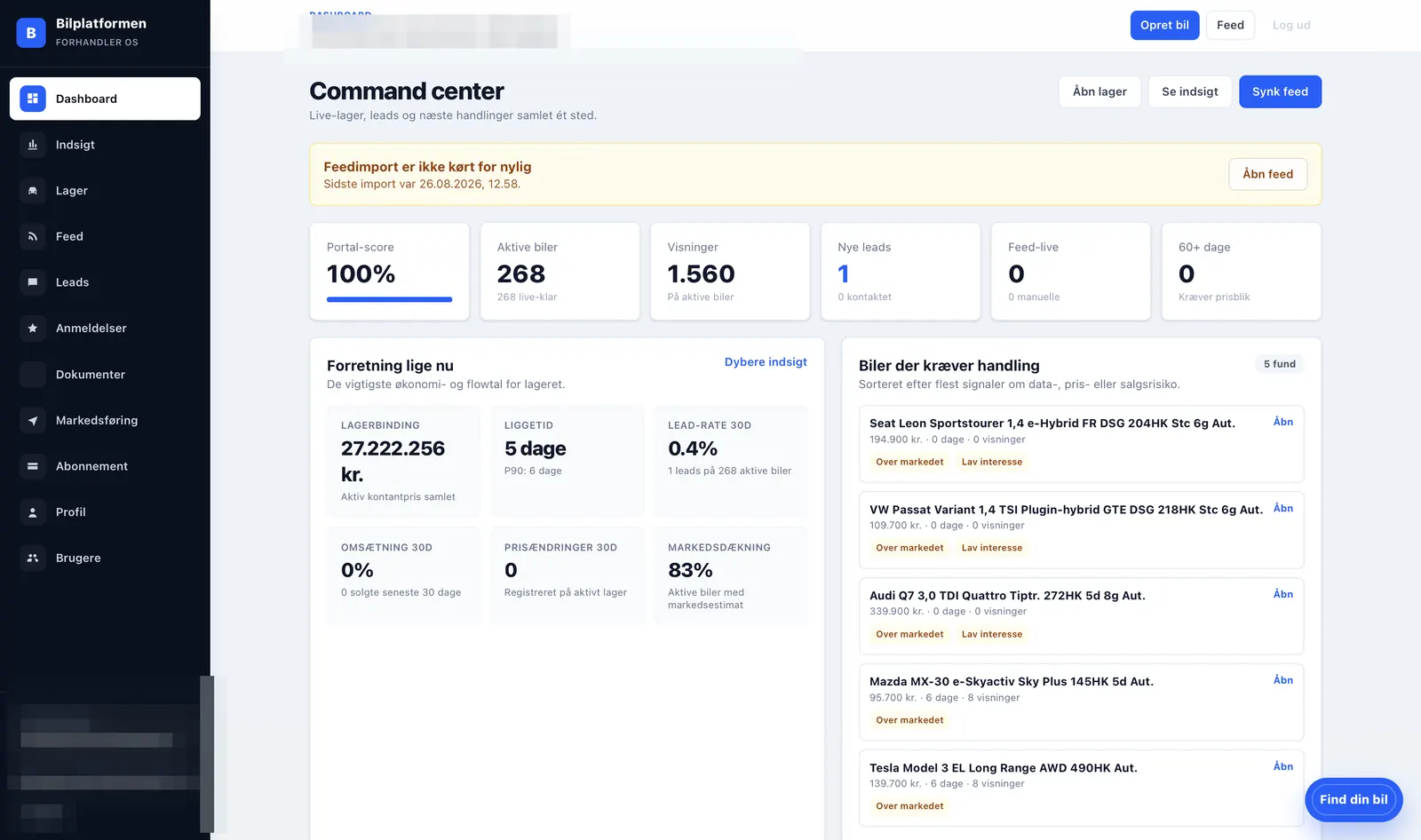 Command center i forhandlerportalen med live-lager, leads og handlingsliste